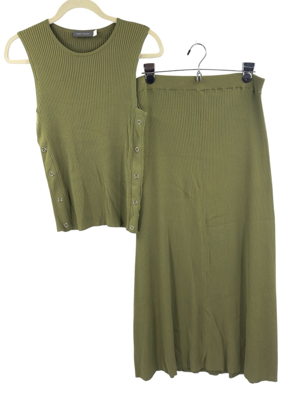 Mint Velvet Green Ribbed Tank Midi Skirt Matching Set Knit Size L Large